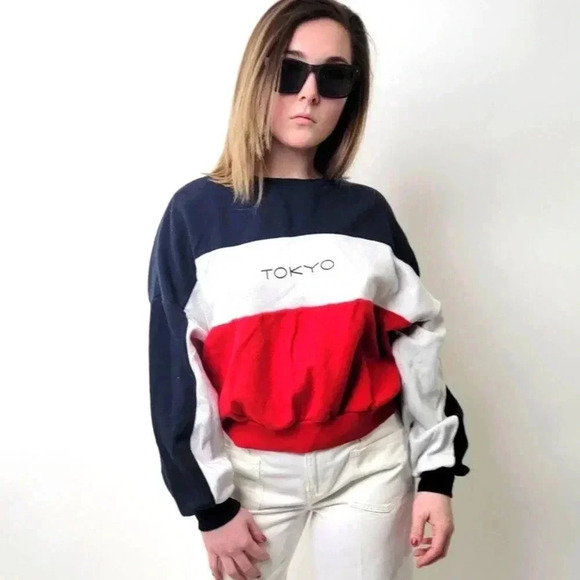 Red White & Blue Striped Colorblock 'Tokyo' Crewneck Sweatshirt - M - Picture 1 of 7